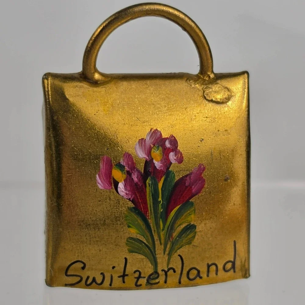 Vintage Switzerland Souvenir Bell Hand Painted Bag Shape Metal
